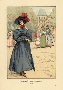 Frau promeniert in Sonntagskleidung im Park. Sie trägt einen breitkrempigen Hut, ein Kleid mit weiten Ärmeln, Stiefeletten und einen Sonnenschirm. Sonntag im Tuileriengarten