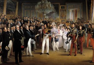 Revolution von 1830: Die Kammer der Deputierten überreicht dem Herzog von Orléans, Louis Philippe I (1773-1850), das Dokument, das ihn auf den Thron ruft, und die Charta von 1830 im Königspalast am 7. August 1830 (Detail)