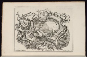 Kartusche mit Putto, der eine Muschel bläst, Livre de Cartouches Irréguliers (Buch der unregelmäßigen Kartuschen)
