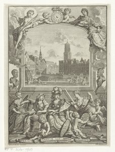 Stadtansicht mit Domkirche in Utrecht und Allegorie mit Minerva und Tugenden von François van Bleyswijck