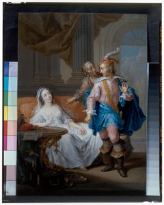 Ein elegantes Paar mit einer alten Magd in einem Innenraum