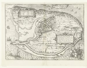 Karte der Insel Voorne und Grundriss von Brielle, 1572 von Frans Hogenberg