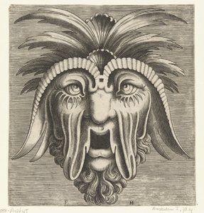 Maske mit offenem, zahnlosem Mund, hängenden Wangen und Haarschöpfen