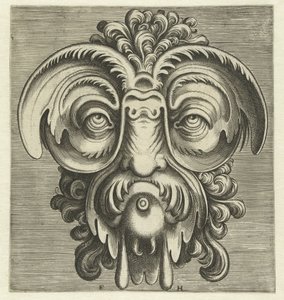 Maske mit Tellern um die Augen und einem Büschel Locken auf dem Kopf
Pourtraicture ingenieuse de plusieurs facons de masques… (Serientitel)