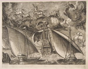 Zwei Galeeren segeln hinter einem bewaffneten Dreimaster mit Phaeton und Jupiter am Himmel, f..., 1561-65