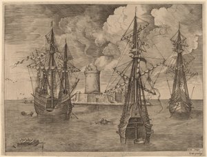 Viermaster (links) und zwei Dreimaster vor einer befestigten Insel mit Leuchtturm