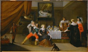 Gesellschaftsszene mit einem Bild der Danae im Hintergrund von Frans III Francken