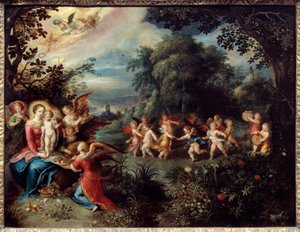 Madonna mit dem Kind in einer Landschaft, umgeben von Musikern und tanzenden Engeln. Gemälde von Frans Le Jeune Franken (1581-1642) von Frans II Francken