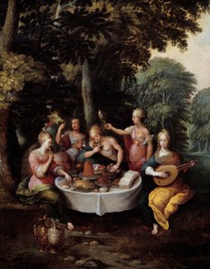 Die fünf Sinne: junge Frauen in einer Landschaft mit Bankett (Geschmack), Musik (Hören), Spiegel (Sehen), Blumenstrauß (Riechen) und Liebkosung (Tasten) (Detail) von Frans II Francken