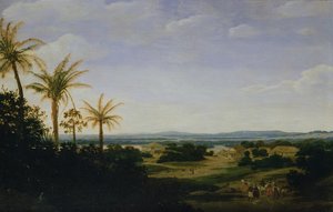 Brasilianische Landschaft mit der portugiesischen Residenz, der Kirche und der Casa Granda, der Fluss Varzea dahinter