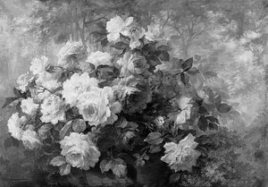 Ein Strauß Rosen in einer bewaldeten Landschaft von Frans Mortelmans