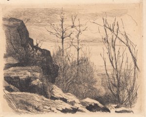 Probetafel: Landschaft mit Felsen und Bäumen