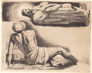 Probedruck: Liegender Mann und eine Christusfigur oben von Frans Schwartz