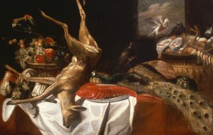 Ein totes Reh und Vögel, ein Hummer auf einem Teller, ein Korb mit Obst und Gemüse von Frans Snyders