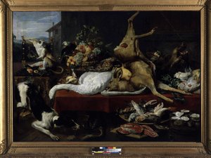 Stillleben mit Wild, Fisch, Obst und Gemüse