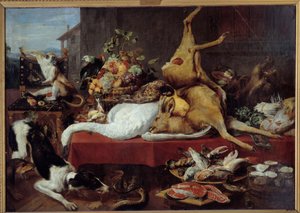 Stillleben mit Wild (Fasan, Gans, Hirsch), Fischscheibe, Krabbe, Hülsenfrüchte