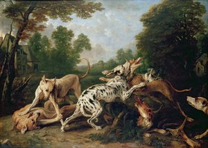 Kämpfende Hunde in einer bewaldeten Lichtung
