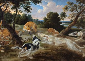 Ein Fuchs in der Enge, umgeben von Hunden von Frans and Wildens Jan Snyders