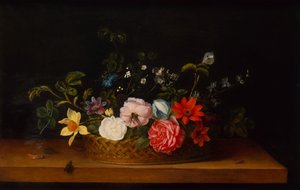 Blumen in einem Korb mit Insekten auf einem Sims