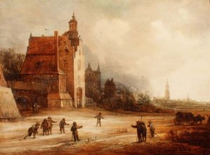Soldaten spielen Kegeln auf einer Straße, Breda im Hintergrund von Frans de Momper