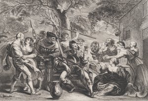 Don Quijote und Truppen der Heiligen Bruderschaft vor einer Taverne