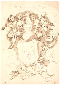 Heraldische Komposition: Wappenschild mit drei aufrechten Geigen, helmgekrönter Hund, umgeben von zwei Figuren und zwei geigenspielenden Putti, alles ruhend auf liegender Männerfigur (Neptun?) von Frantz Cleyn
