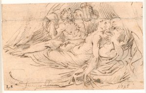 Schlafende Frau wird von einem Satyr mit Laterne in der Hand beobachtet
