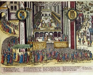 Krönung von König James I. von England in der Westminster-Kathedrale am 25.07.1603 von Franz (after) Hogenberg