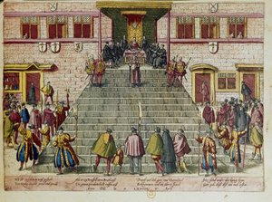 Verlesung des Gnadenaktes am 05.04.1574 in Brüssel: Wilhelm I. von Oranien-Nassau, Prinz von Oranien, genannt Wilhelm der Schweiger (1533-1584), Initiator des Aufstands gegen Philipp II. von Spanien, bekannt als der Achtzigjährige Krieg, der in der  von Franz (after) Hogenberg