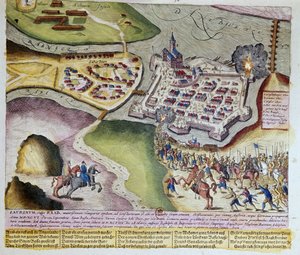 Die Eroberung von Raab durch Adolf Schwarzenberg am 28.03.1598. Druck von Franz Hogenberg (1535-1590) 1653 von Franz (after) Hogenberg