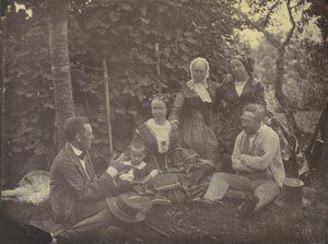 [Drei Frauen, zwei Männer und ein Kind bei einem Picknick]