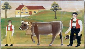 Bauer, Bauernjunge und Kuh