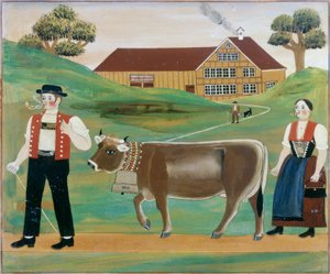 Bauer und Bäuerin mit Kuh