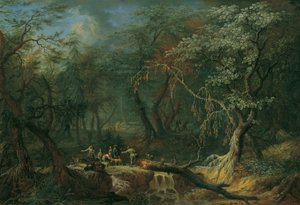 Waldlandschaft mit gestürztem Baum und Jägern
