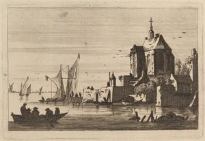 Kirche in einer Bucht mit Ruderboot im Vordergrund
