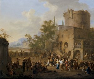 Eine italienische Stadtansicht mit tanzenden Figuren des Saltarello von Franz Ferg
