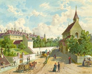 Die Währinger Straße in Wien mit dem Versorgungshaus "Zum Blauen Herrgott" und der "Krawoten-Kapelle"