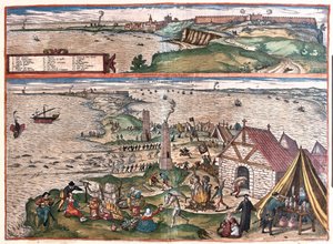 Cadiz, Spanien. (Oben: die Kapelle von St. Sebastian, unten: die Thunfischindustrie von Cadiz. In der Mitte die Wachtürme (Gravur) von Franz Hogenberg