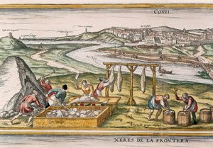 Conil de la Frontera, die Fischer trocknen den Fisch, schneiden ihn, verkaufen ihn und verpacken ihn in Fässern zum Verkauf, aus "Civitatis Orbis Terrarum"