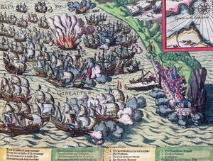 Kämpfe vor der Küste von Gibraltar, gedruckt am 25. Mai 1607 von Franz Hogenberg