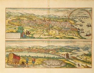 Karte von Barcelona und Ecija aus Civitates Orbis Terrarum von Georg Braun von Franz Hogenberg