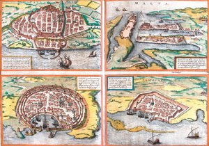 Plan von Cagliari (Sardinien), Malta, Rhodos und Famagusta (Zypern)