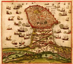 Der Osmanische Korsar Khayr al-Din Barbarossa gegen die Armee von Karl V., von Franz Hogenberg von Franz Hogenberg