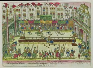 Turnier, bei dem Henri II. (1519-59) vom Grafen von Montgomery verletzt wurde und zehn Tage später starb, 30. Juni 1559 von Franz Hogenberg