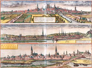 Ansicht von Münster (Monasterium), Osnabrück (Osnabrugum) und Wesel (Weselia), Deutschland (Radierung) von Franz Hogenberg