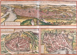 Ansicht von Rouen (Rotomagus), Nimes (Nemausus) und Bordeaux (Burdigala), Frankreich von Franz Hogenberg