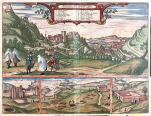 Ansicht der Alhambra mit der Stadt Granada, Spanien: oben eine Ansicht der Alhambra auf dem Cerro del Sol Hügel. Die Ansicht unten links zeigt die geschlossenen Türen der Alhambra. In der Mitte sind die Eingänge der Masmoros-Höhlen. Die große Struktur unte von Franz Hogenberg