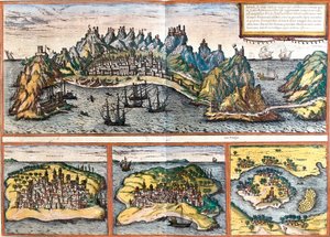 Ansichten von Aden (Jemen), Mombasa (Kenia), Kilwa Kisiwani (Tansania) und Cefalù (Sizilien, Italien) von Franz Hogenberg
