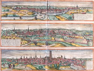 Ansichten von Bois le Duc (Buscumducis) in den Niederlanden, Leuven (Lovanium) und Machelen (Mechlineen) in Belgien (Radierung) von Franz Hogenberg