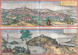 Ansichten von Burgos und San Sebastian (oder Donostia), Spanien von Franz Hogenberg